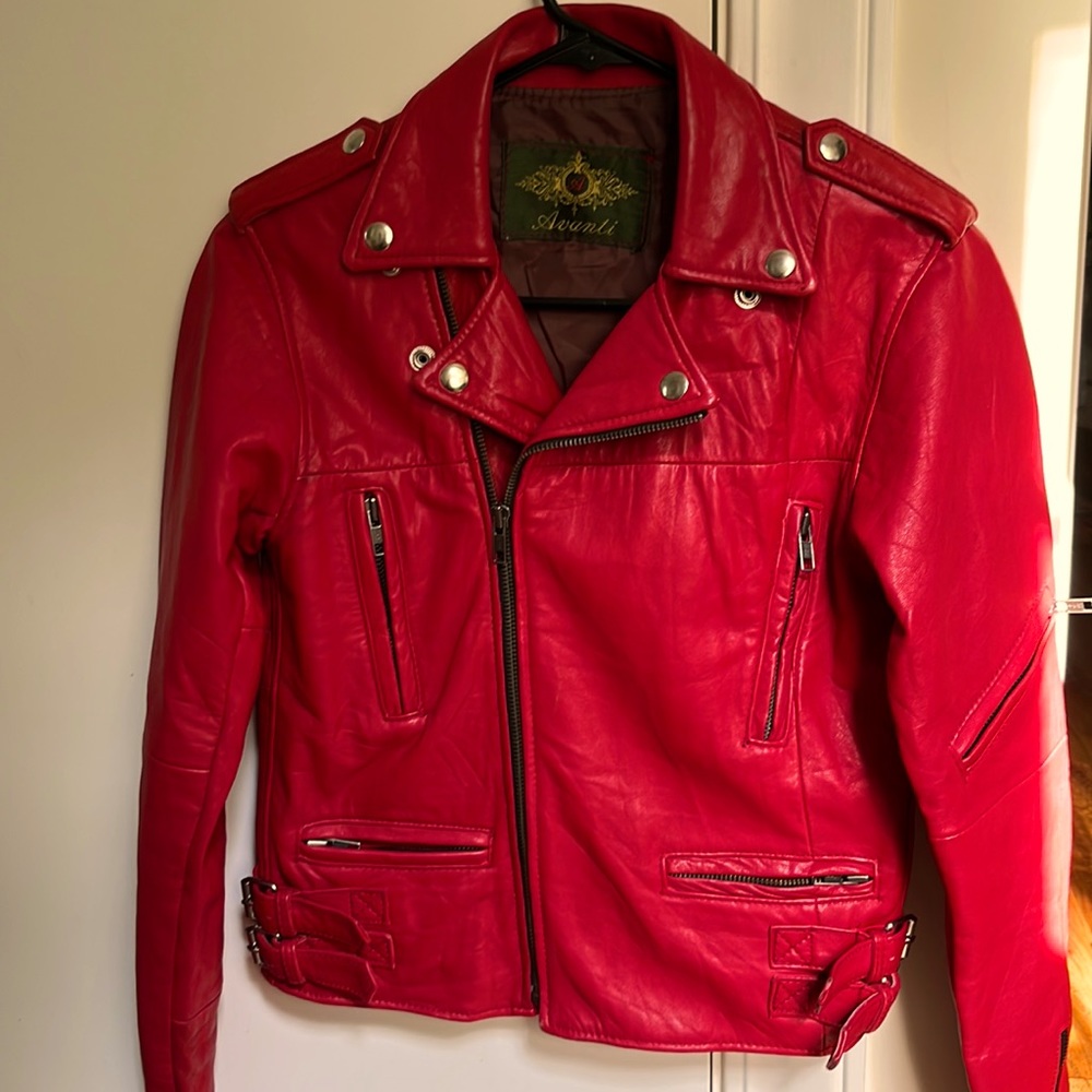 Italian red leather motorcycle jacket; size small.